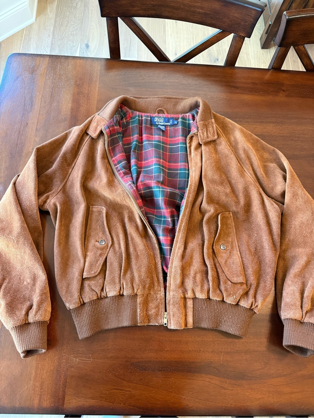 Vintage Brown Suede Bomber Jacket with Plaid Lining (Polo Ralph Lauren)